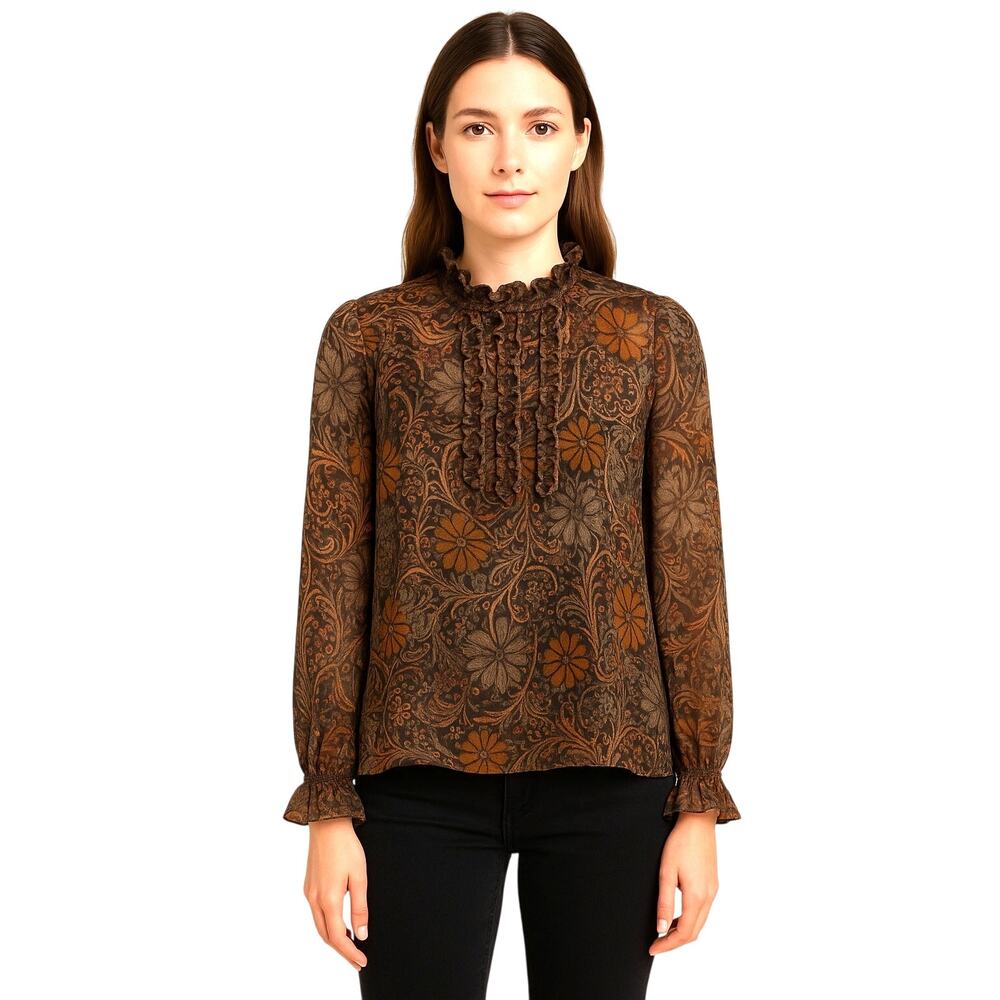 Gretty Zueger Floral Silk Blouse Set XL – Ruffle Neck Sheer Top + Liner